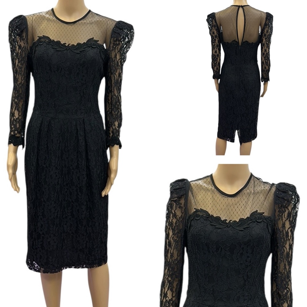 Vintage 80s Nancy Johnson Black Lace Overlay 3 Quarter Sleeve Dress Womens 10